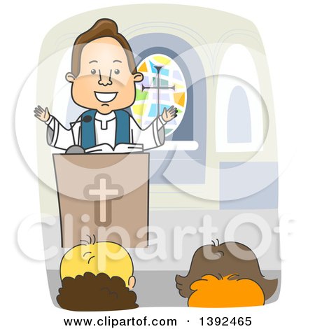 Clipart of a Cartoon White Male Priest Preaching at the Pulpit - Royalty Free Vector Illustration by BNP Design Studio