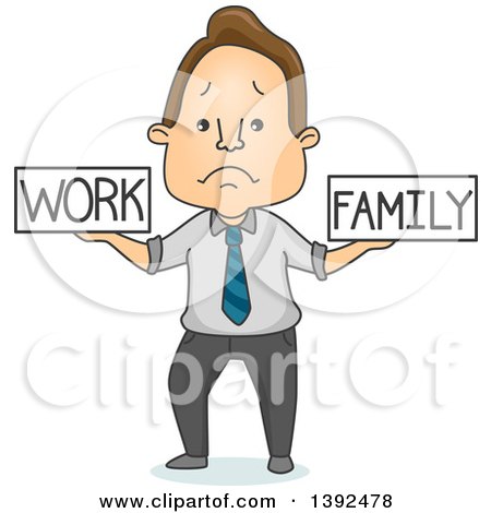 Clipart of a Cartoon Sad Brunette White Man Trying to Balance Work and Family - Royalty Free Vector Illustration by BNP Design Studio