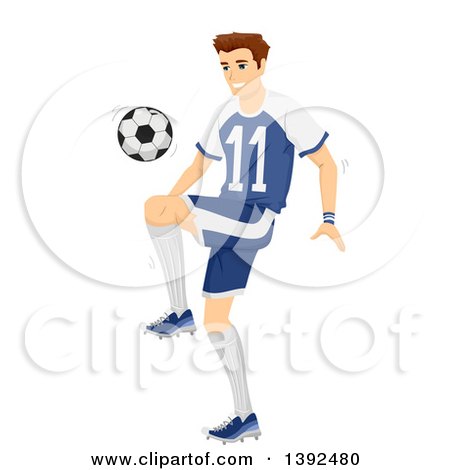 Clipart of a Sporty Young White Man Bouncing a Soccer Ball off of His Knee - Royalty Free Vector Illustration by BNP Design Studio