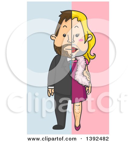 Clipart of a Split View of a Cartoon White Man Shown in a Business Suit and in a Dress - Royalty Free Vector Illustration by BNP Design Studio