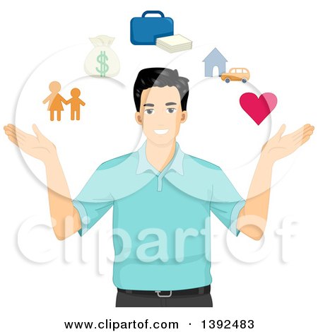 Clipart of a Happy Man with Icons Depicting Life - Royalty Free Vector Illustration by BNP Design Studio