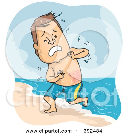 Clipart of a Cartoon Brunette White Man Being Stung by a Jellyfish at the Beach - Royalty Free Vector Illustration by BNP Design Studio