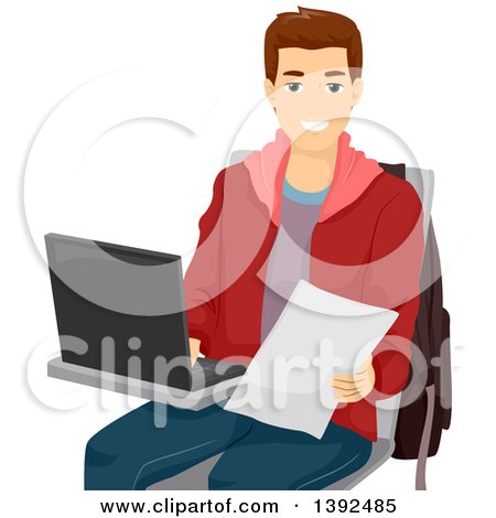 Clipart of a Happy Brunette White Male Student Using a Laptop at a Desk - Royalty Free Vector Illustration by BNP Design Studio