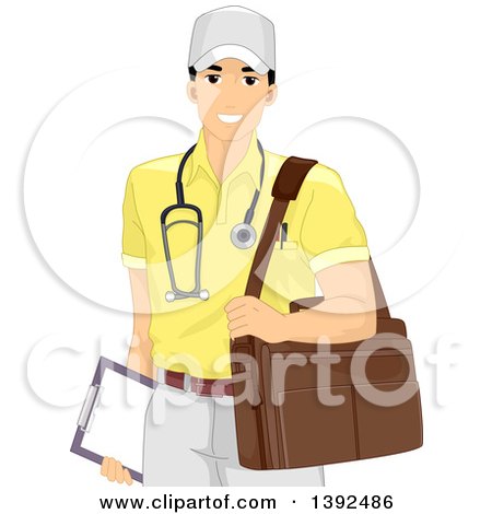 Clipart of a Happy Male Doctor Carrying a Bag out on a Home Visit - Royalty Free Vector Illustration by BNP Design Studio