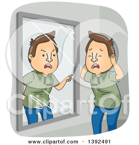 Clipart of a Cartoon Brunette White Man with Dissociative Identity Disorder, Arguing with Himself in a Mirror - Royalty Free Vector Illustration by BNP Design Studio