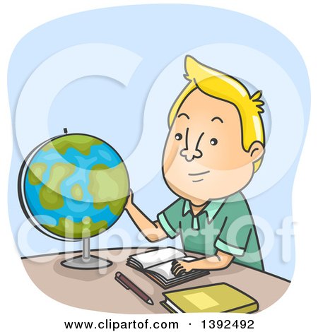 Clipart of a Cartoon Blond White Man Looking at a Desk Globe - Royalty Free Vector Illustration by BNP Design Studio