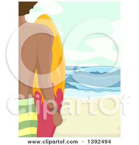 Clipart of a Rear View of a Male Surfer Holding a Board on a Beach - Royalty Free Vector Illustration by BNP Design Studio