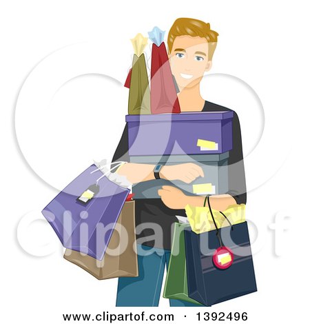 Clipart of a Happy Blond White Man Carrying Shopping Bags and Boxes - Royalty Free Vector Illustration by BNP Design Studio