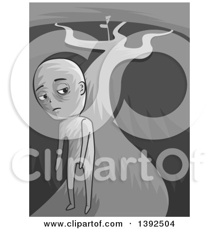Clipart of a Grayscale Man Turning Away from Cross Roads - Royalty Free Vector Illustration by BNP Design Studio