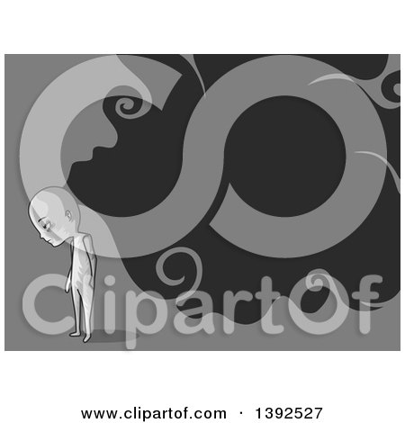 Clipart of a Grayscale Man with a Trail of Dark Thoughts - Royalty Free Vector Illustration by BNP Design Studio