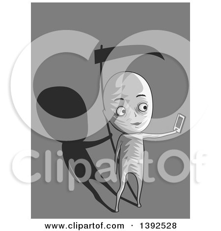 Clipart of a Grayscale Man Taking a Selfi, His Shadow a Grim Reaper - Royalty Free Vector Illustration by BNP Design Studio