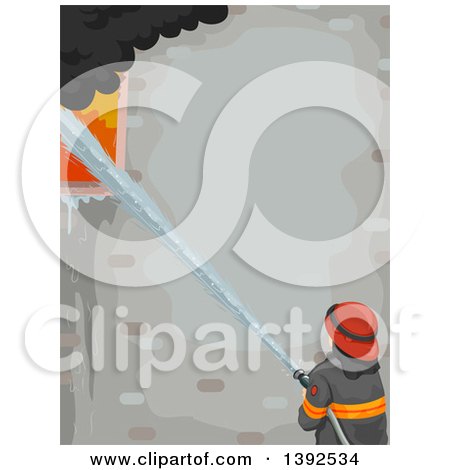 Clipart of a Rear View of a Male Firefighter Using a Hose to Put out a Building Fire, with Text Space - Royalty Free Vector Illustration by BNP Design Studio
