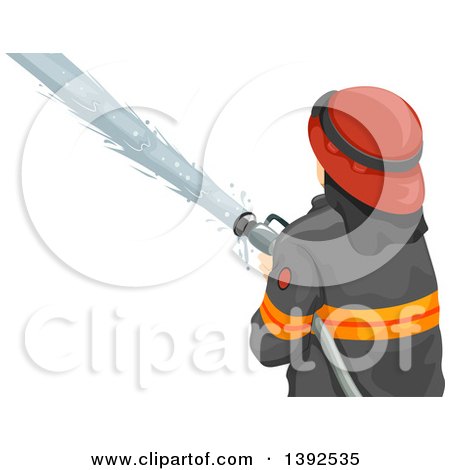 Clipart of a Rear View of a Male Firefighter Using a Hose - Royalty Free Vector Illustration by BNP Design Studio