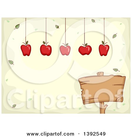 Clipart of Apples Hanging over a Blank Wood Sign with Text Space - Royalty Free Vector Illustration by BNP Design Studio