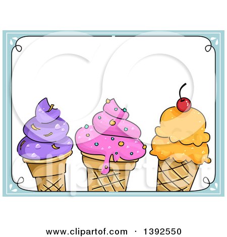 Clipart of a Border with Waffle Ice Cream Cones and Text Space - Royalty Free Vector Illustration by BNP Design Studio