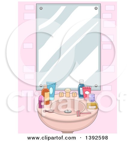 Clipart of a Mirror with a Shelf of Women's Grooming Products - Royalty Free Vector Illustration by BNP Design Studio