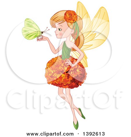 Clipart of a Blond White Garden Fairy Girl in a Flower Dress, Holding a Butterfly - Royalty Free Vector Illustration by Pushkin