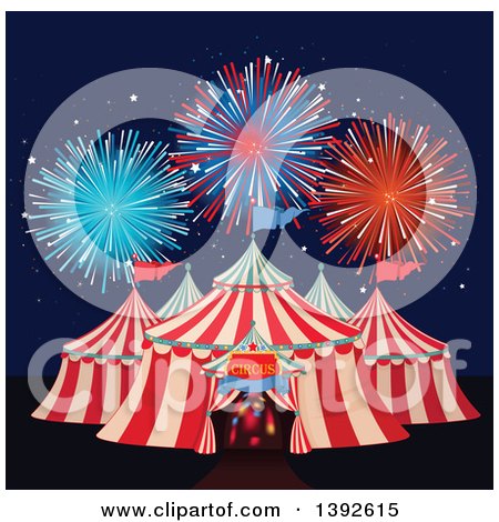 Clipart of a Big Top Circus Tent with Fireworks - Royalty Free Vector Illustration by Pushkin