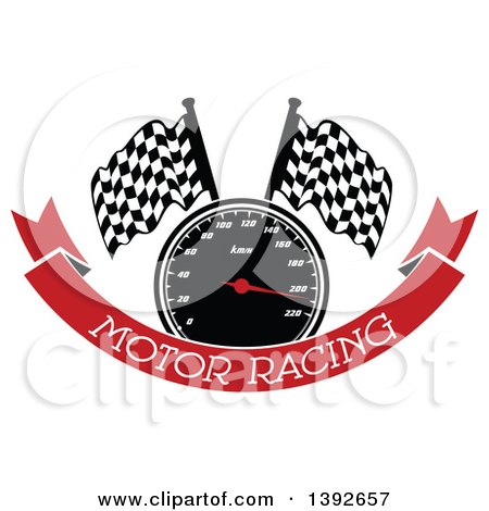 Clipart of a Motorsports Design of a Speedometer and Checkered Racing Flags over a Red Banner with Text - Royalty Free Vector Illustration by Vector Tradition SM