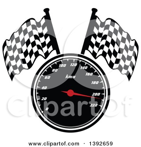 Clipart of a Motorsports Design of a Speedometer and Checkered Racing Flags - Royalty Free Vector Illustration by Vector Tradition SM