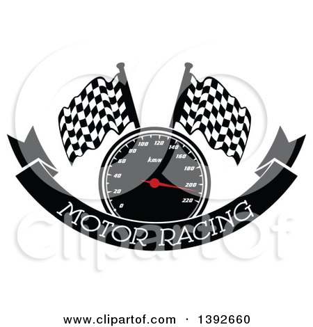 Clipart of a Motorsports Design of a Speedometer and Checkered Racing Flags over a Banner with Text - Royalty Free Vector Illustration by Vector Tradition SM