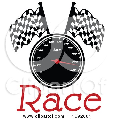 Clipart of a Motorsports Design of a Speedometer and Checkered Racing Flags over Text - Royalty Free Vector Illustration by Vector Tradition SM