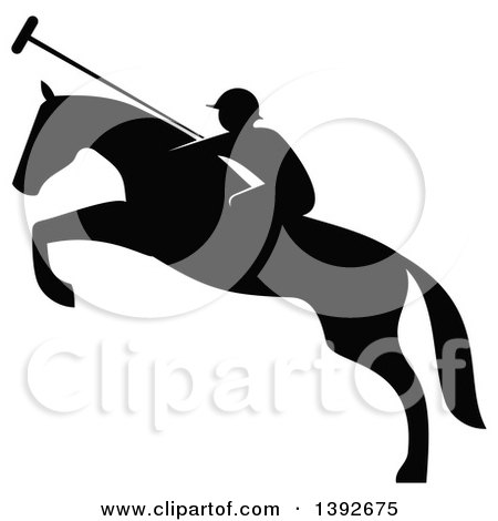 Clipart of a Black and White Silhouetted Horseback Man on a Leaping Polo Horse - Royalty Free Vector Illustration by Vector Tradition SM