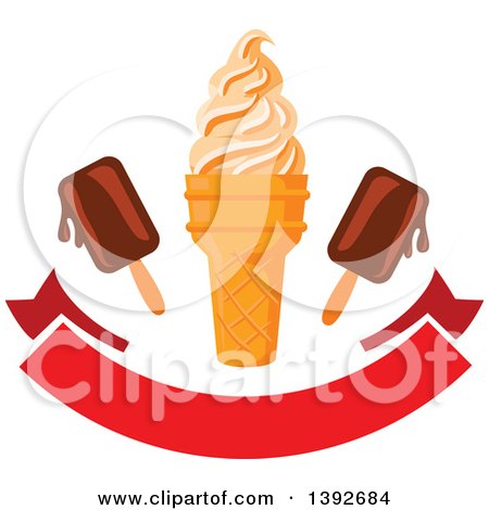 Clipart of an Ice Cream Cone with Popsicles over a Blank Banner - Royalty Free Vector Illustration by Vector Tradition SM