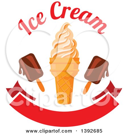 Clipart of an Ice Cream Cone with Popsicles and Text over a Blank Banner - Royalty Free Vector Illustration by Vector Tradition SM