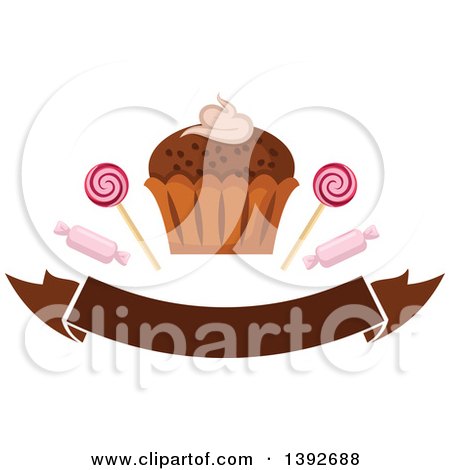 Clipart of a Cupcake with Candies over a Banner - Royalty Free Vector Illustration by Vector Tradition SM