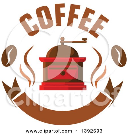 Clipart of a Vintage Coffee Grinder and Beans with Text over a Blank Banner - Royalty Free Vector Illustration by Vector Tradition SM