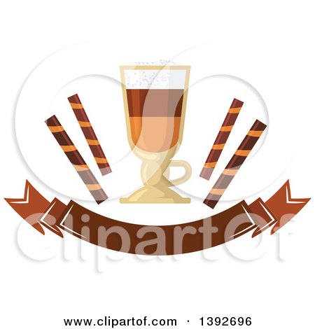 Clipart of a Caramel Macchiato Coffee with Wafers over a Banner - Royalty Free Vector Illustration by Vector Tradition SM