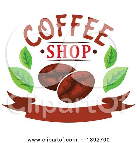 Clipart of Coffee Beans and Leaves with Text over a Banner - Royalty Free Vector Illustration by Vector Tradition SM