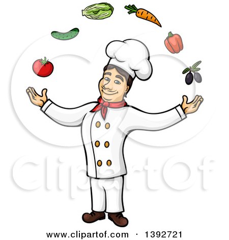 Clipart of a Cartoon White Male Chef Juggling Produce - Royalty Free Vector Illustration by Vector Tradition SM