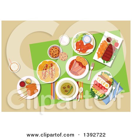 Clipart of a Table Set with American Food on Beige - Royalty Free Vector Illustration by Vector Tradition SM
