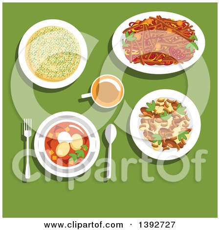 Clipart of a Table Set with Belarussian Food on Green - Royalty Free Vector Illustration by Vector Tradition SM