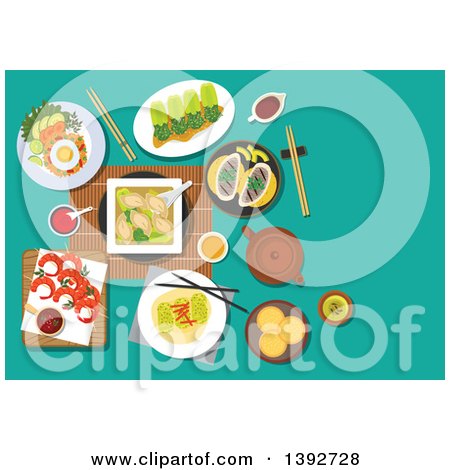 Clipart of a Table Set with Traditional Chinese Food on Turquoise - Royalty Free Vector Illustration by Vector Tradition SM