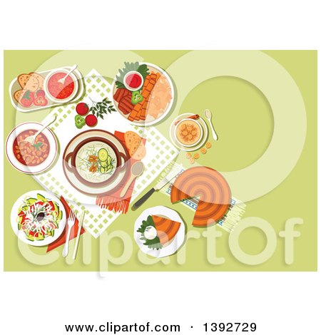 Clipart of a Table Set with Bulgarian Food on Green - Royalty Free Vector Illustration by Vector Tradition SM