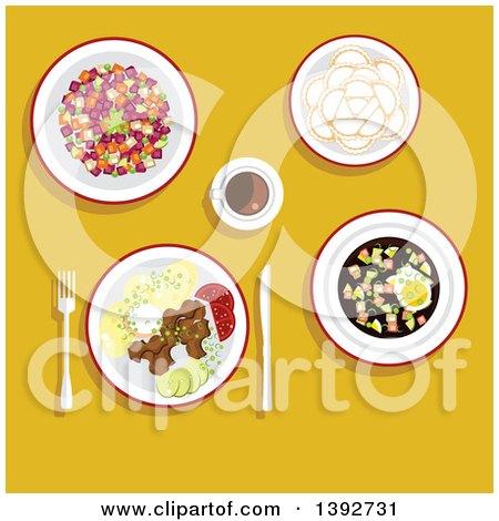 Clipart of a Table Set with Russian Food on Yellow - Royalty Free Vector Illustration by Vector Tradition SM