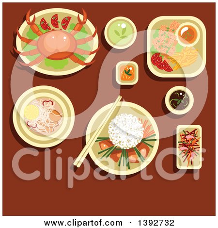 Clipart of a Table Set with Vietnamese Food on Brown - Royalty Free Vector Illustration by Vector Tradition SM
