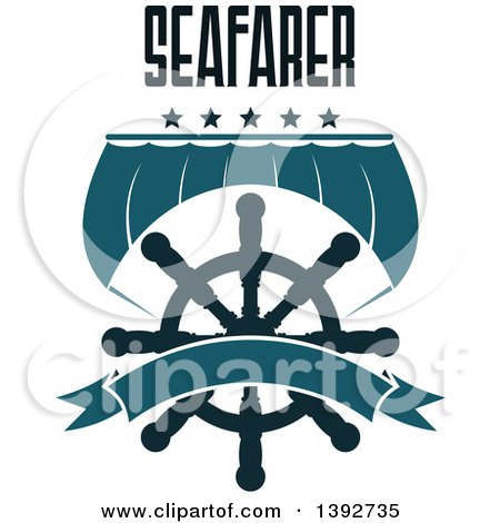 Clipart of a Boat Sail and a Helm with Stars, Seafarer Text and a Blank Banner - Royalty Free Vector Illustration by Vector Tradition SM