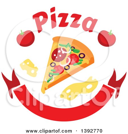 Clipart of a Slice of Pizza with Text, Cheese and Tomatoes over a Blank Banner - Royalty Free Vector Illustration by Vector Tradition SM