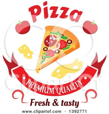 Clipart of a Slice of Pizza with Text, Cheese, Tomatoes and Text - Royalty Free Vector Illustration by Vector Tradition SM