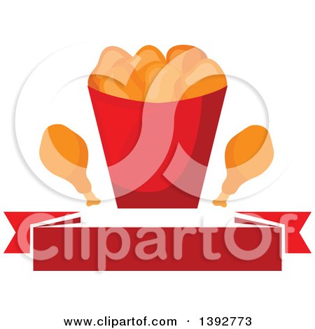 Clipart of a Chicken Nuggets and Drumstick Bucket over a Blank Banner - Royalty Free Vector Illustration by Vector Tradition SM