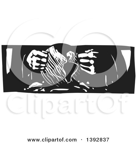 Clipart of a Black and White Woodcut Sculptor's or God's Hands Creating Planet Earth - Royalty Free Vector Illustration by xunantunich