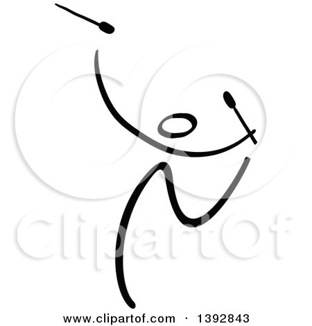 Clipart of a Black and White Olympic Gymnast Stick Athlete Dancing with Clubs - Royalty Free Vector Illustration by Zooco