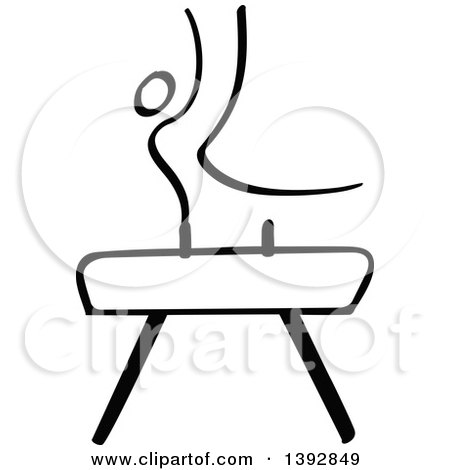 Clipart of a Black and White Olympic Gymnast Stick Man Athlete on a Pommel Horse - Royalty Free Vector Illustration by Zooco