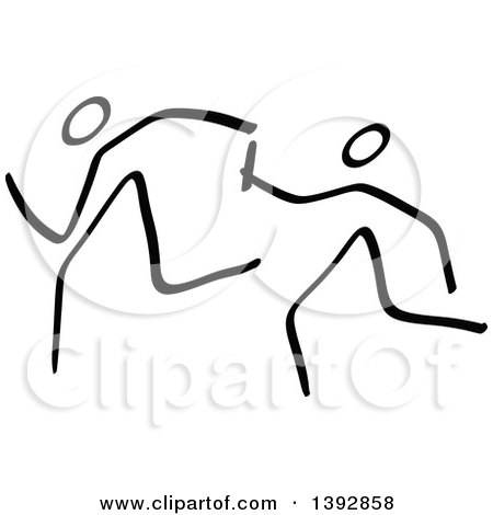 Clipart of Black and White Olympic Track and Field Stick Men Athletes Relay Racing - Royalty Free Vector Illustration by Zooco