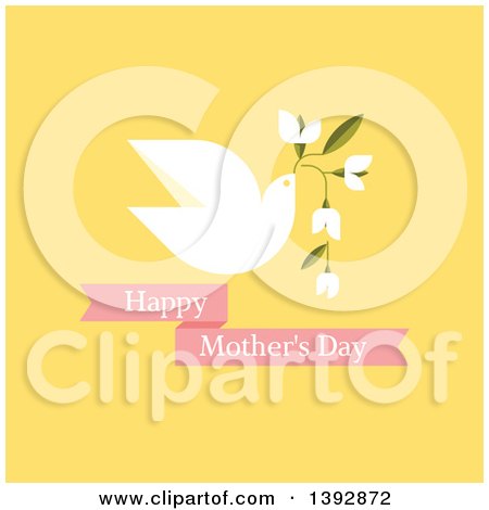 Clipart of a Dove Flying with Flowers and Happy Mothers Day Text on Yellow - Royalty Free Vector Illustration by elena