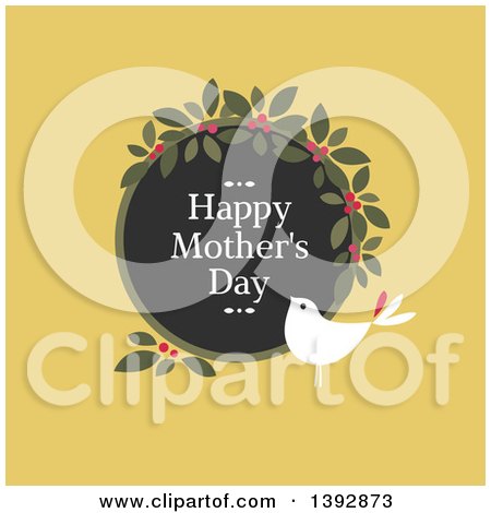 Clipart of a Dove with a Happy Mothers Day Wreath on Yellow - Royalty Free Vector Illustration by elena